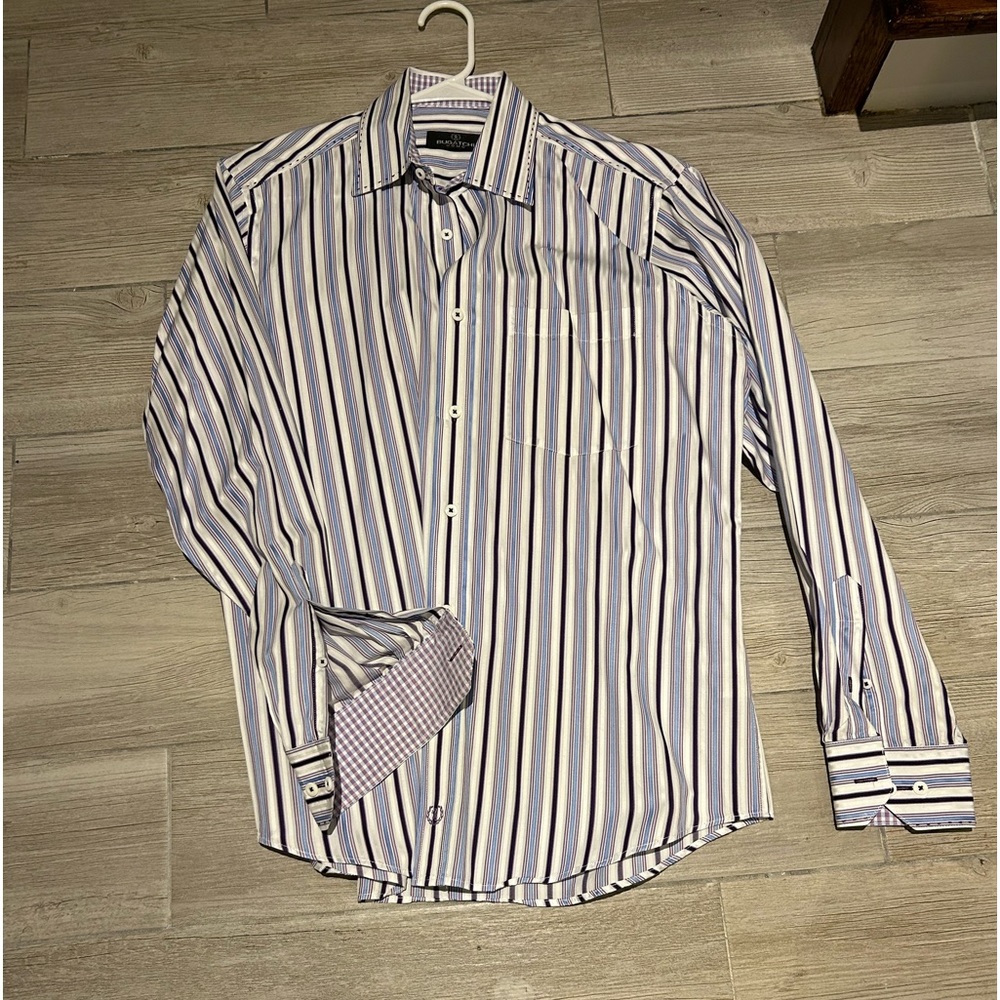 Men’s button down stripe purple blue white shirt